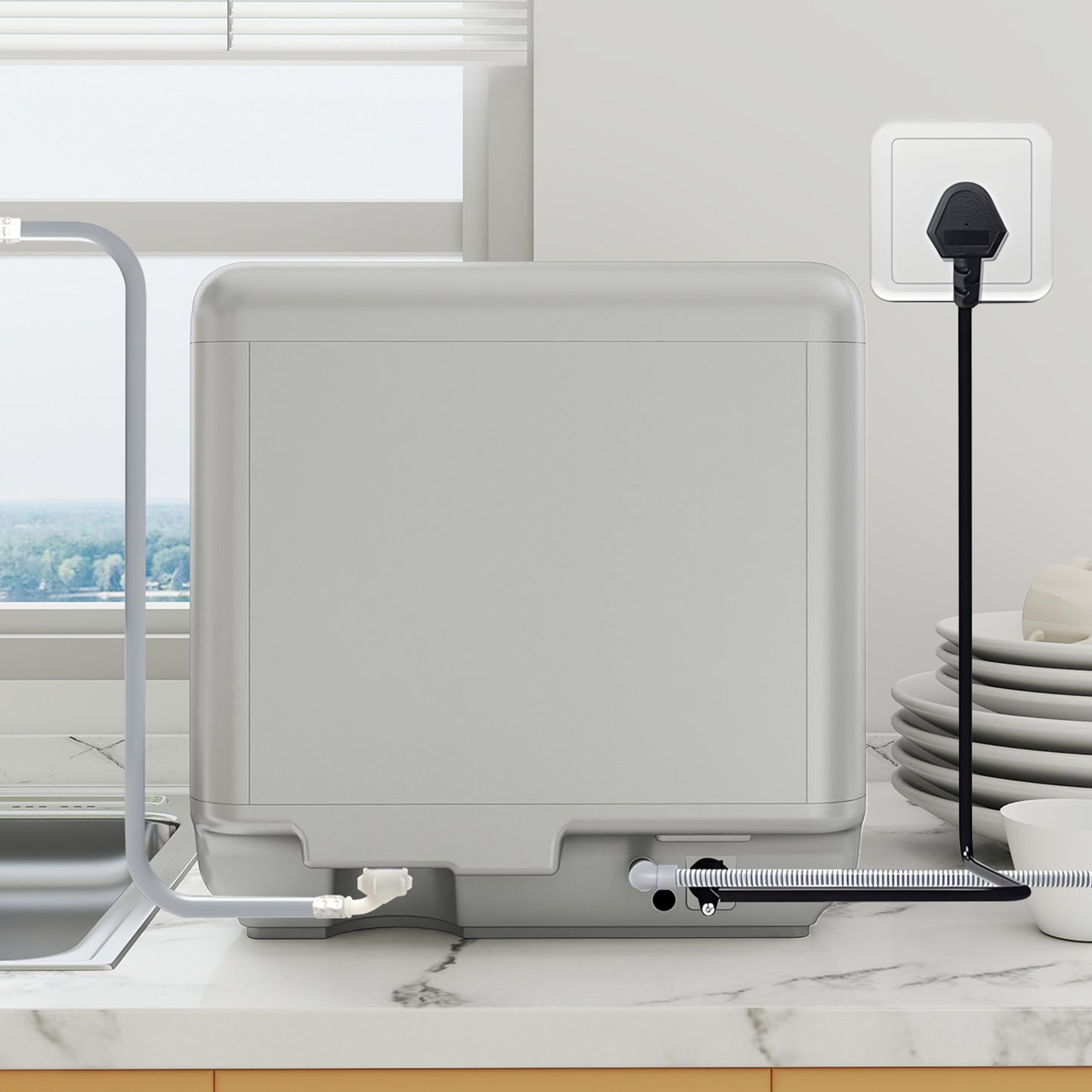 Table Top Dishwasher with Built-in 6L Water Tank, Mini Countertop Dishwasher with 6 Programs, 4 Place Settings, Silver Tone