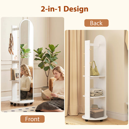 2-in-1 Full Length Mirror with Storage Shelves, Floor Mirror with 4 Wheels, Coat Rack, Hooks, White