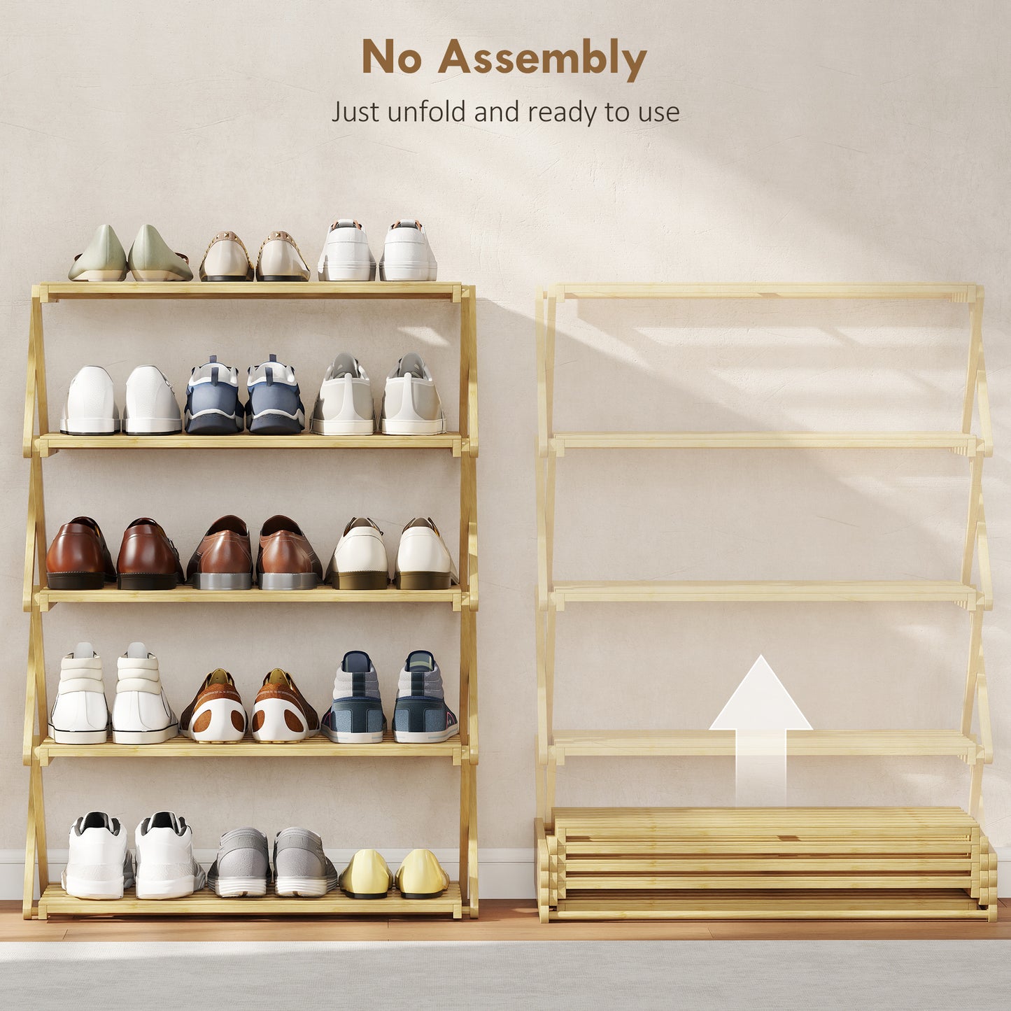 Five-Tier Folding Bamboo Shoe Rack - Natural Finish