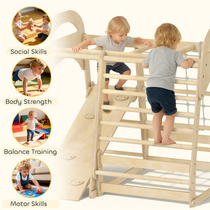 6 in 1 Kids Climbing Frame with Slide, Monkey Bars, Gymnastics Rings, Ladder, Climbing Net, for 3-6 Years, Natural Tone