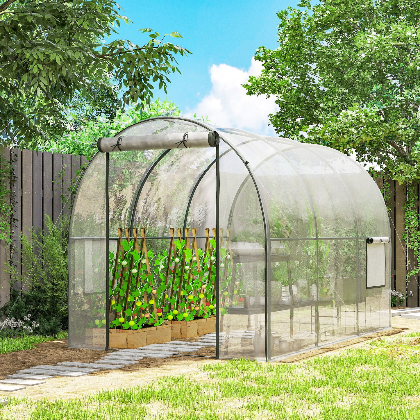 Polytunnel Greenhouse Walk-in Grow House with Plasric Cover, Door, Mesh Window and Steel Frame, 3 x 2 x 2m, Clear