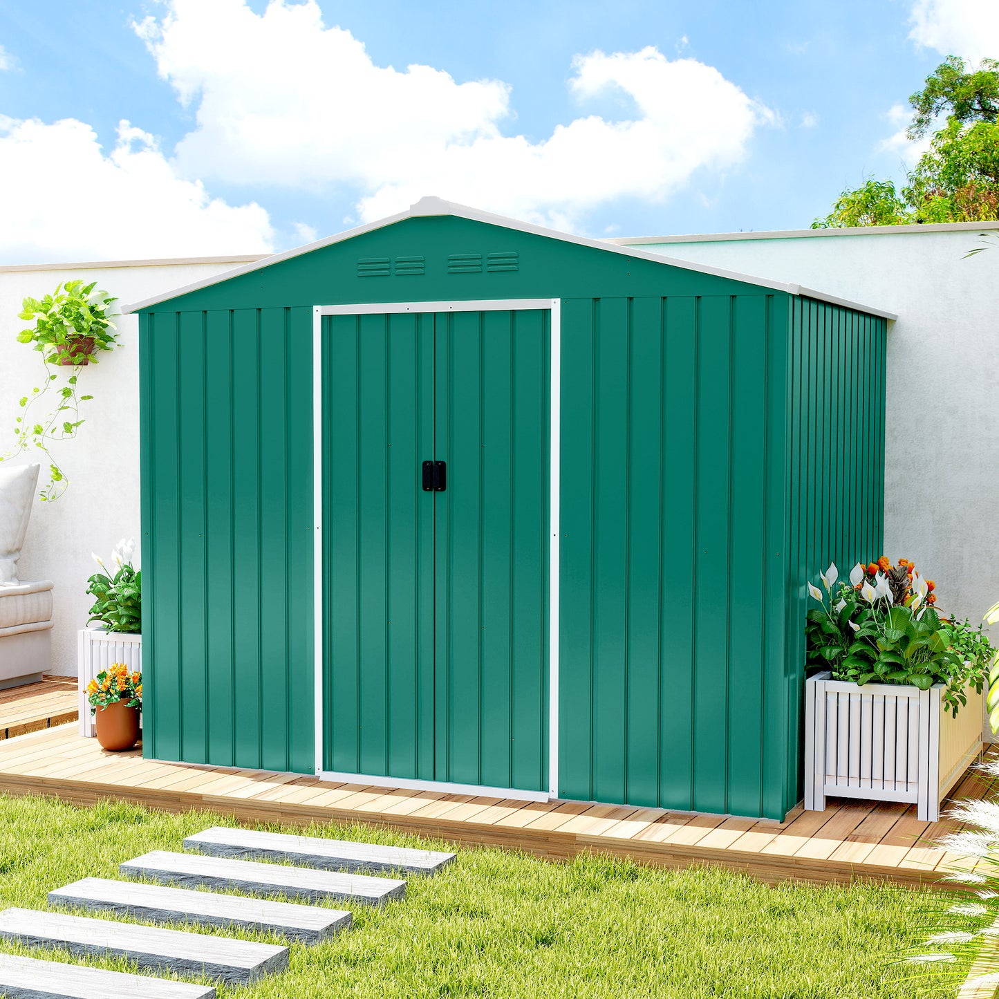8 x 6ft Galvanised Steel Shed, with Double Door - Green