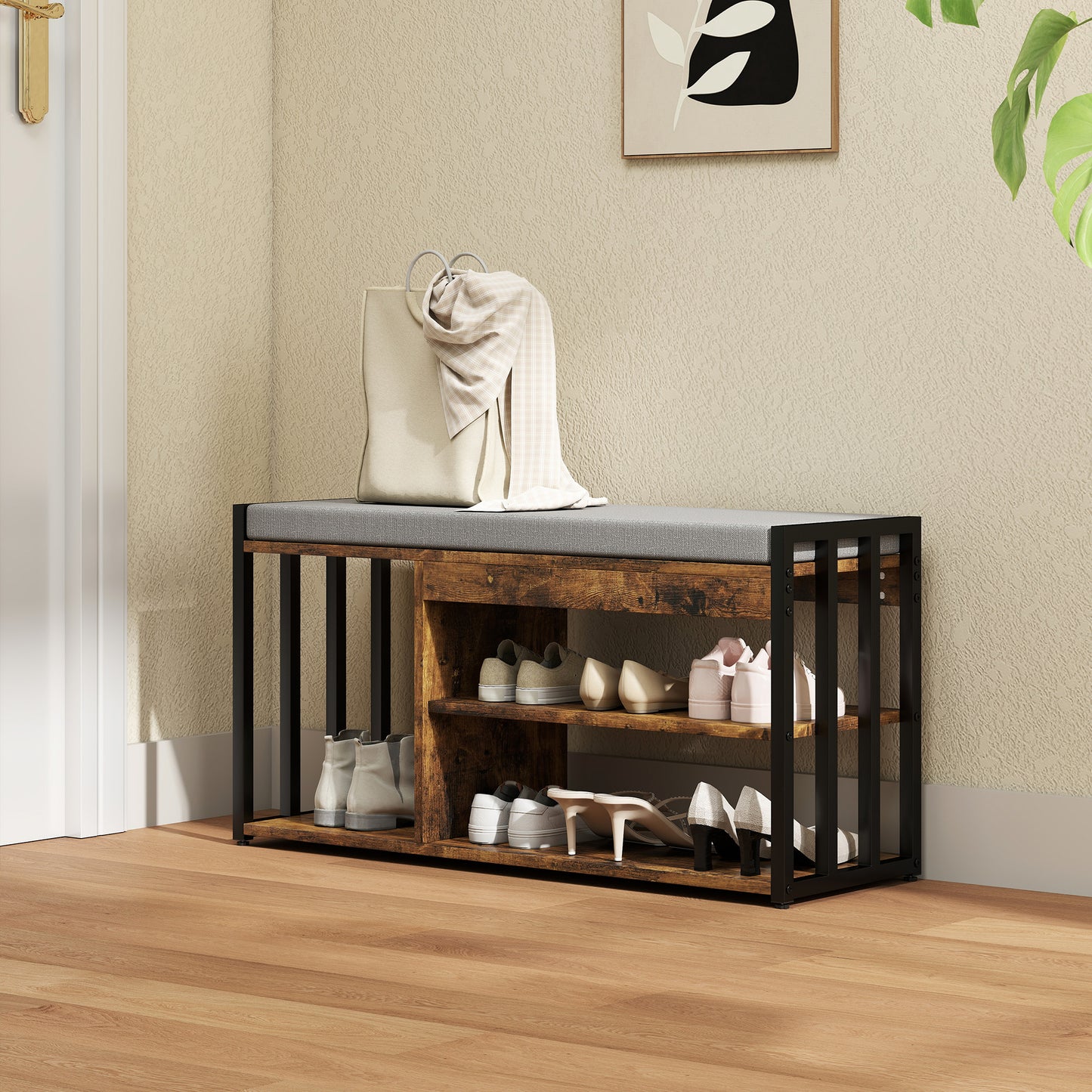 Shoe Storage with Seat, Upholstered Entryway Bench, Shoe Bench with 3 Open Shelves for Hallway, Rustic Brown