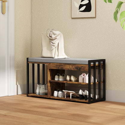 Shoe Storage with Seat, Upholstered Entryway Bench, Shoe Bench with 3 Open Shelves for Hallway, Rustic Brown
