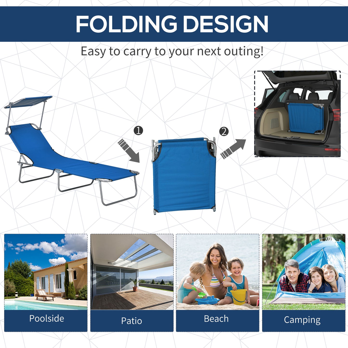 Folding Sun Lounger Set of 2 with Canopy, Reclining Sunbed with 4-Position Adjustable Backrest, 600D Oxford Cloth