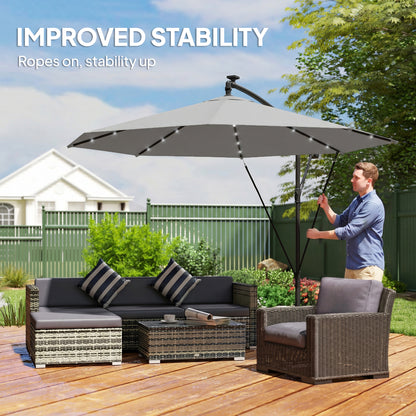 3 m Cantilever Parasol with Solar LED Lights Garden Umbrella with Cross Base, Light Grey