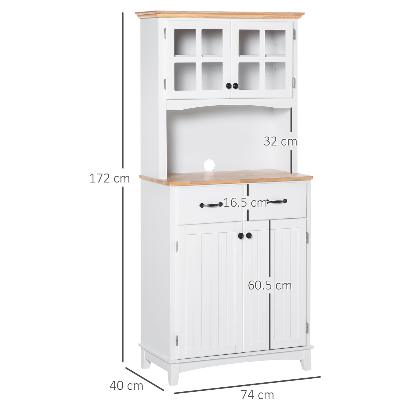 Freestanding Kitchen Cupboard, Kitchen Storage Cabinet with Framed Glass Doors, 2 Drawers, Microwave Counter, 172cm, White