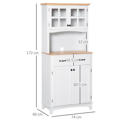 Freestanding Kitchen Cupboard, Kitchen Storage Cabinet with Framed Glass Doors, 2 Drawers, Microwave Counter, 172cm, White