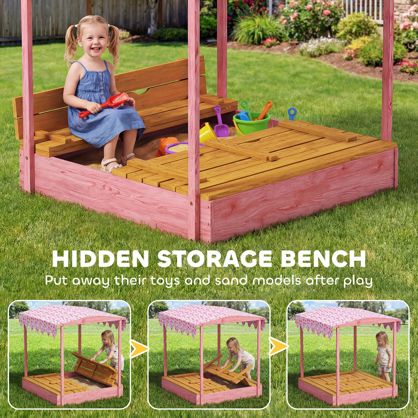 Wooden Sandbox with Lid, Flamingos Print Canopy, Kids Outdoor Sand Pit with Foldable Bench Seats, Bottom Liner, Pink