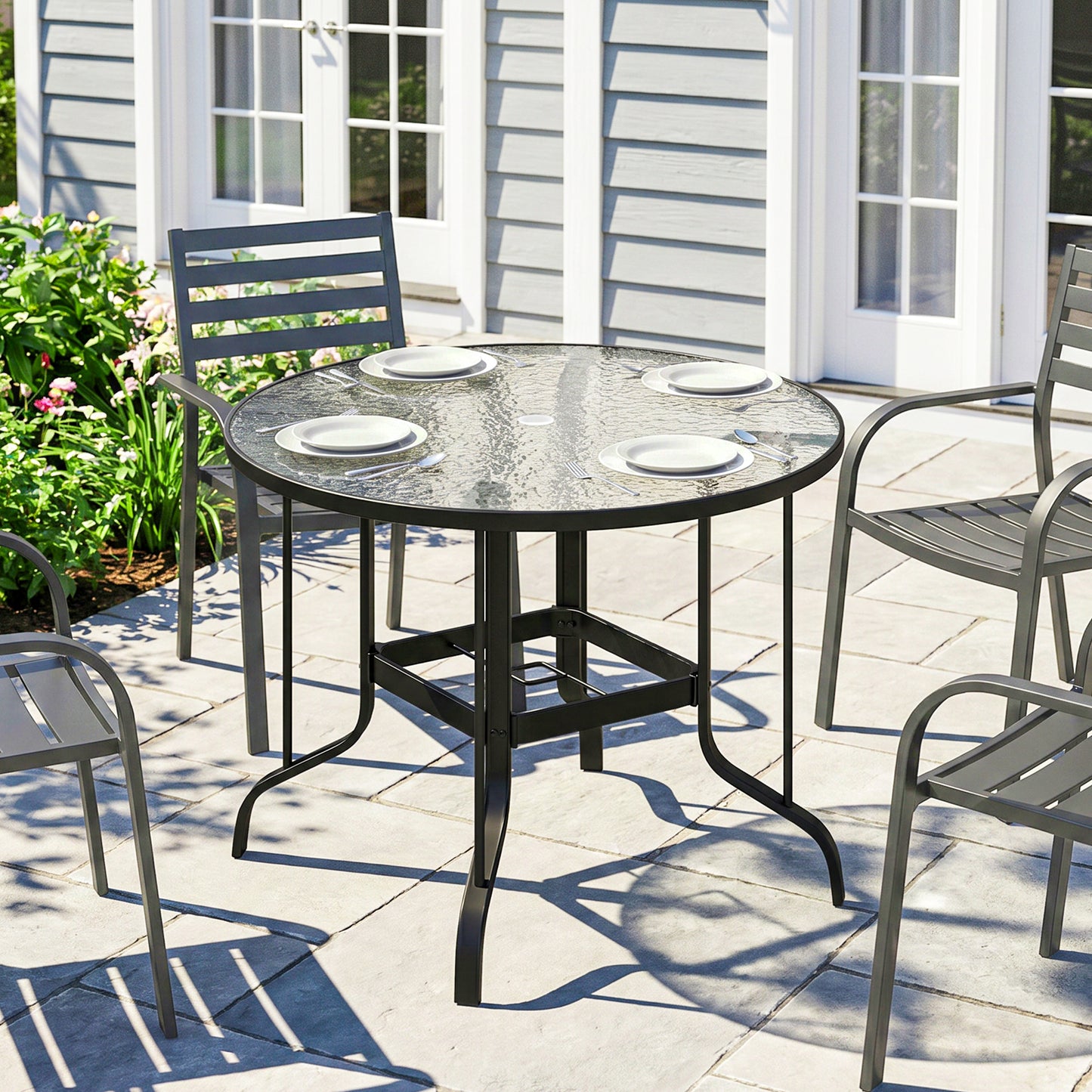 Tempered Glass Top Round Outdoor Dining Table with Parasol Hole, 96.5 x 96.5 x 71 cm