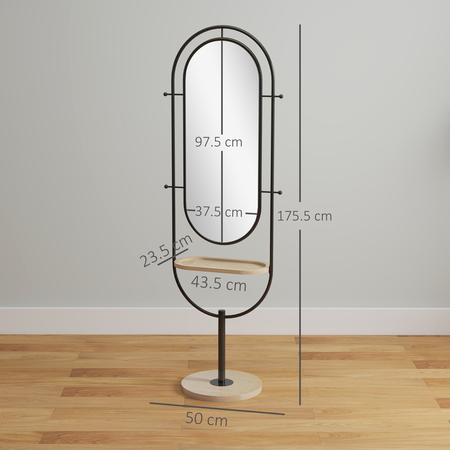 Oval Full Length Mirror with Wooden Tray and 4 Hooks - Black