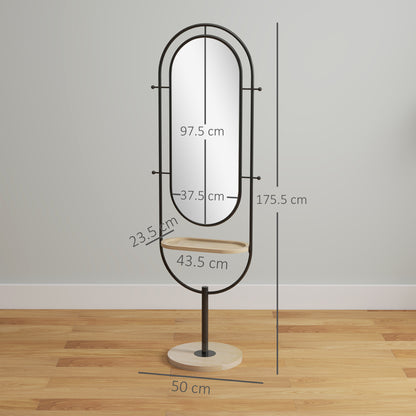 Oval Full Length Mirror with Wooden Tray and 4 Hooks - Black