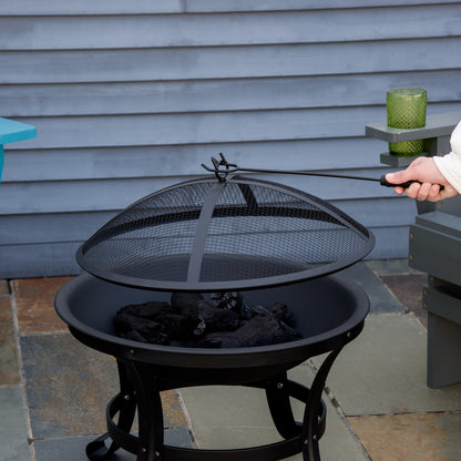 Outdoor Fire Pit, Firepit with Mesh Lid, Poker, for Camping, Bonfire, Picnic, Black