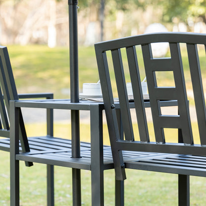 2 Seat Garden Chair Bench Loveseats Jack and Jill Seat w/Coffee Table Slatted Design Patio Yard