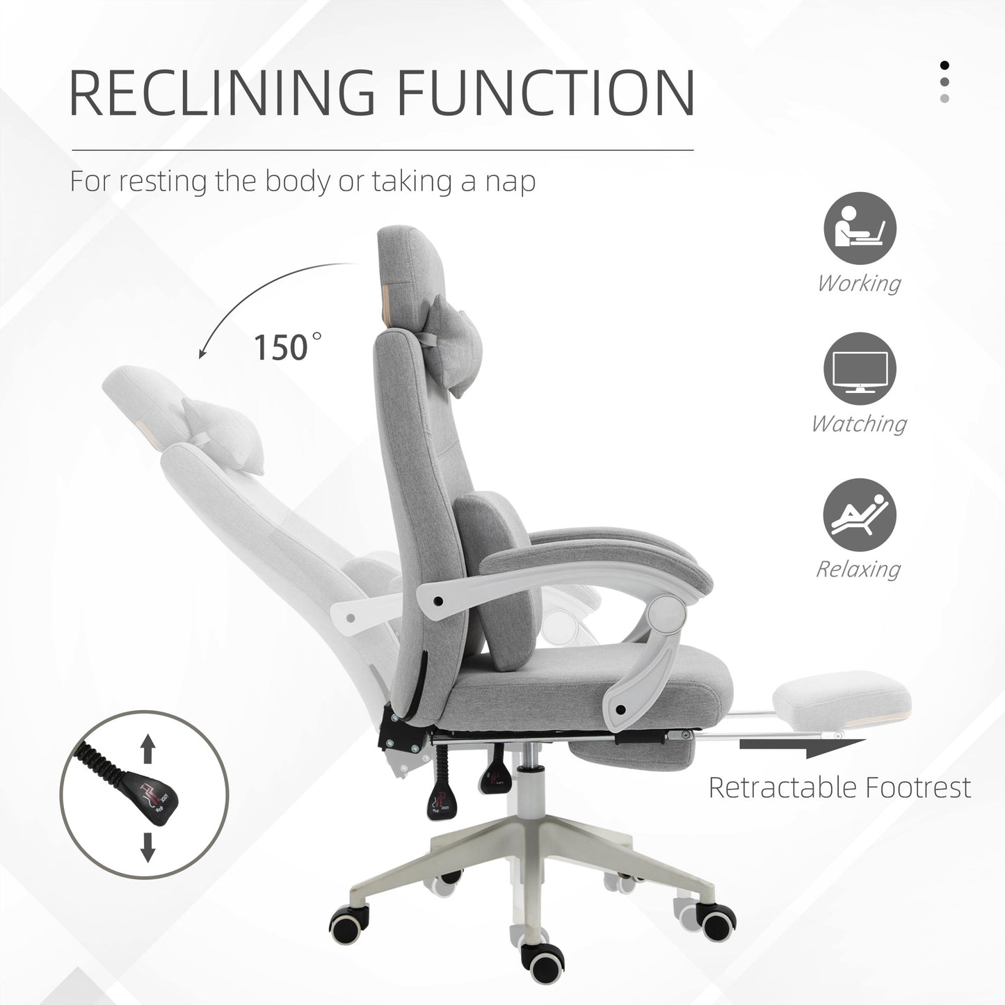 Office Chair, High Back Fabric Work Chair with 160° Reclining Backrest, Retractable Footrest, Neck and Lumbar Pillow