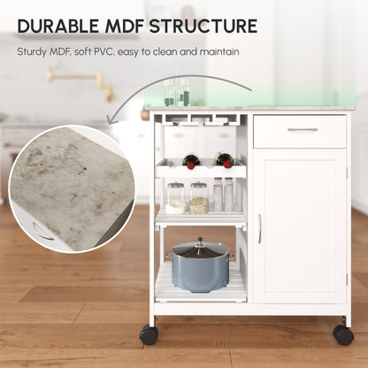 Kitchen Trolley with Wine Rack, Drawer, Open Shelf and Storage Cabinet for Dining Room, White