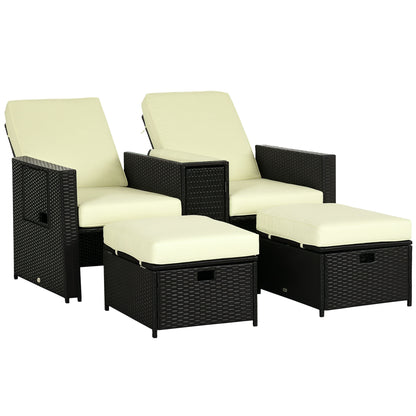 5PC PE Rattan Sun Lounger, Outdoor Wicker 5-level Adjustable Recliner Sofa Bed with Storage Side Table and Footstools