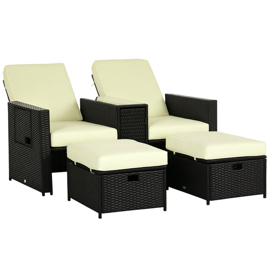 5PC PE Rattan Sun Lounger, Outdoor Wicker 5-level Adjustable Recliner Sofa Bed with Storage Side Table and Footstools