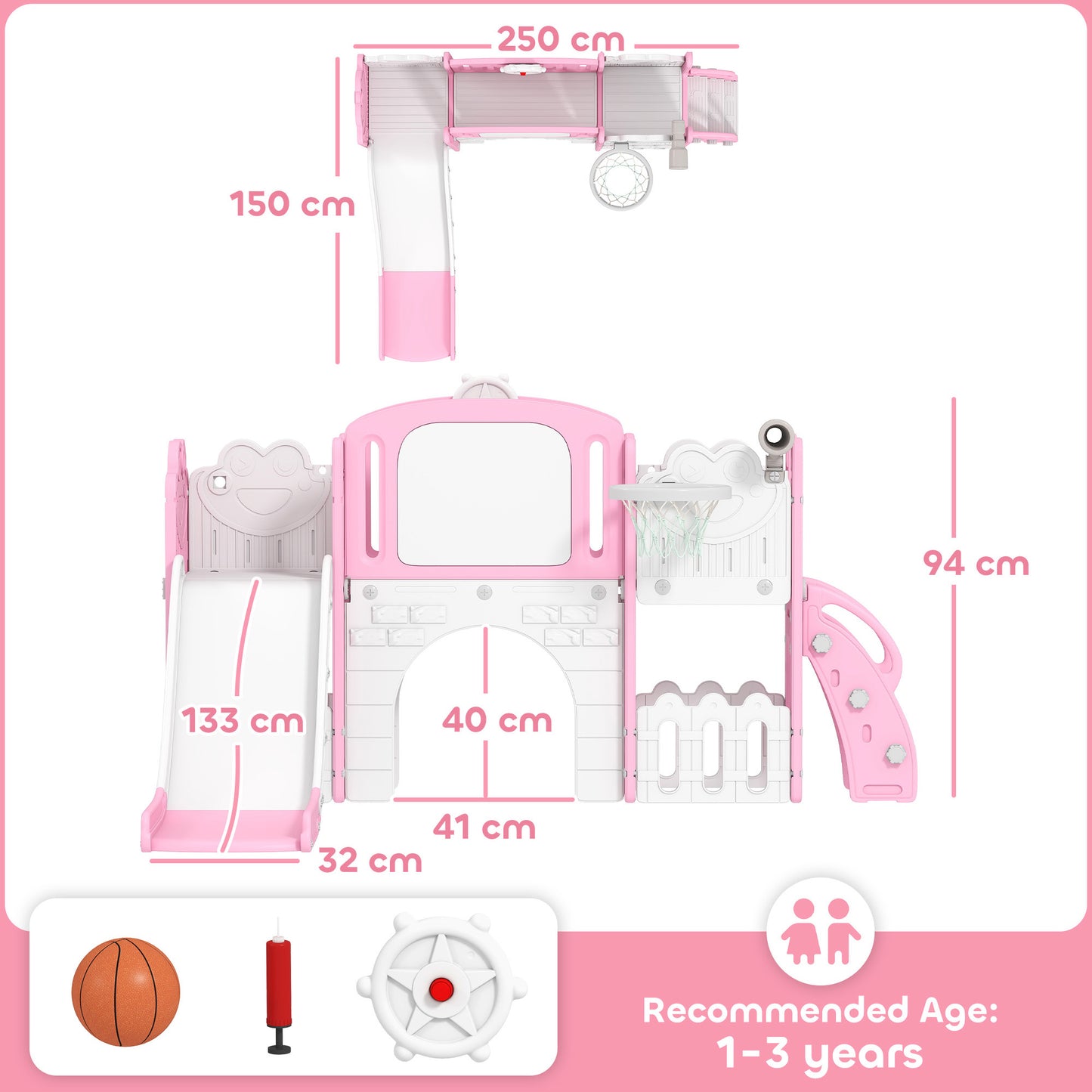 7 in 1 Toddler Slide Set with Basketball Hoop, Climbing Frame, Telescope, Drawing Board, Storage Box, Pink
