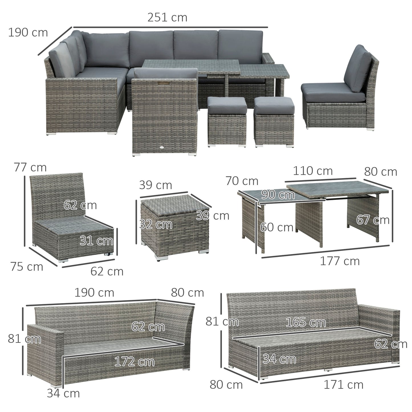 Seven-Piece Rattan Garden Sofa Set, with Expanding Table - Grey