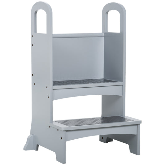 Kids Wooden Step Stool Kitchen Helper w/ Non-Slip Panels Handles Child Toddler Home Help 3 - 8 Yrs Grey