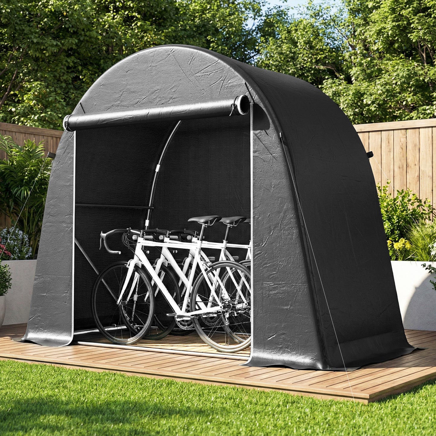 8 x 4 ft Garden Storage Tent, Waterproof Bike Tent with Roll-up Zipper Door and Galvanised Metal Frame, Dark Grey