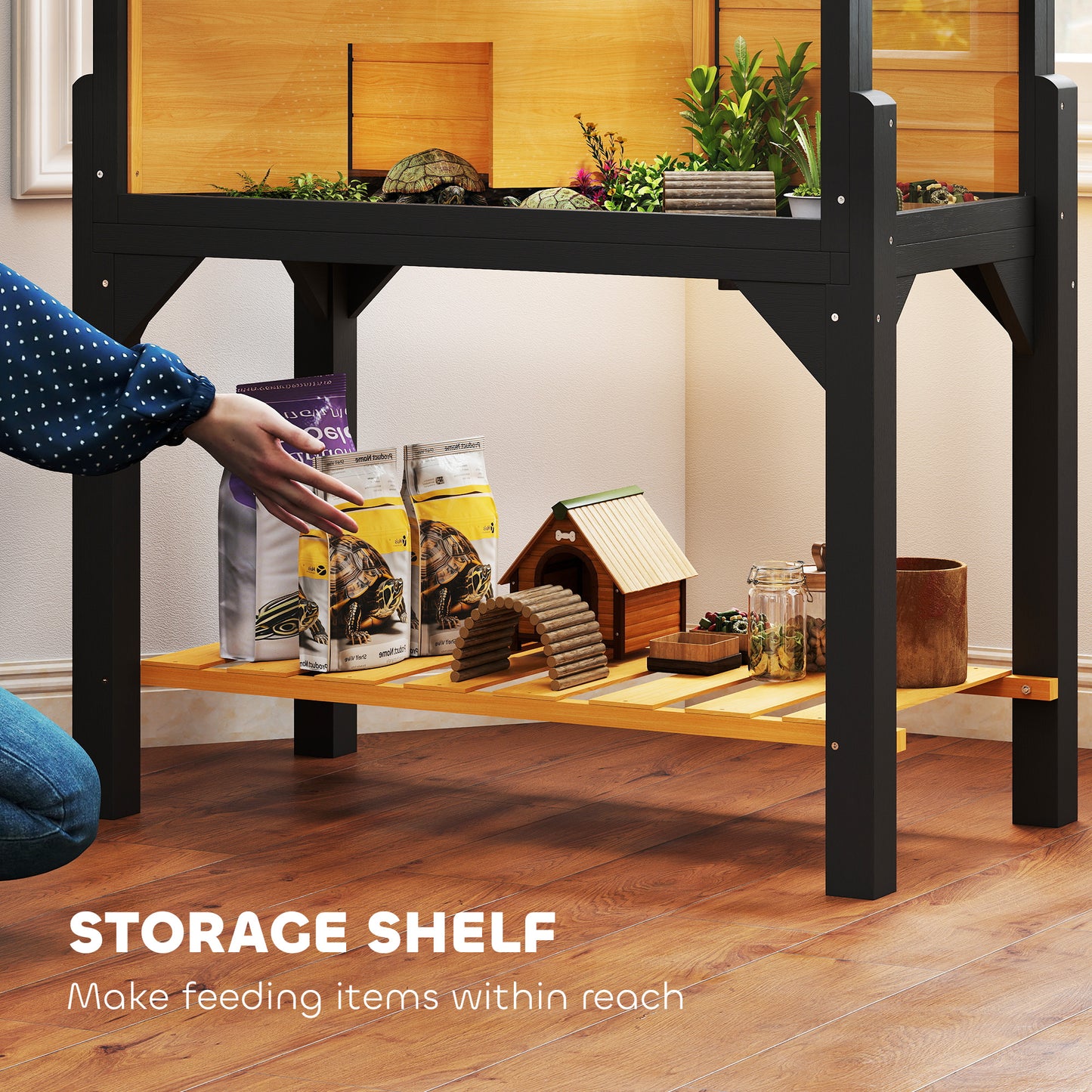 Wooden Tortoise House with Storage Shelf, Clear Observation Windows, Lamp Holder, Openable Top, Built-in Tray, Yellow