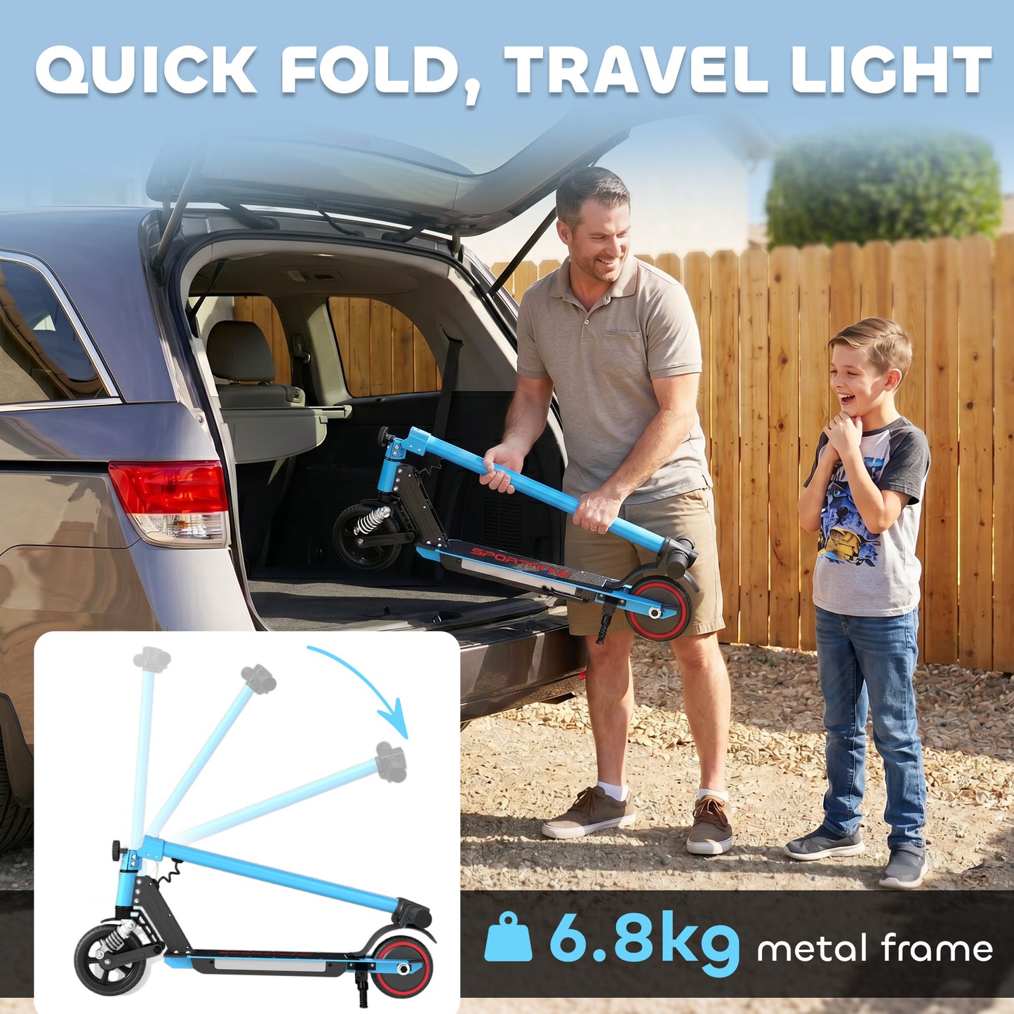 Folding Electric Scooter for Kids, with Dual Brakes, Front Suspension, LED Colourful Lights, Blue