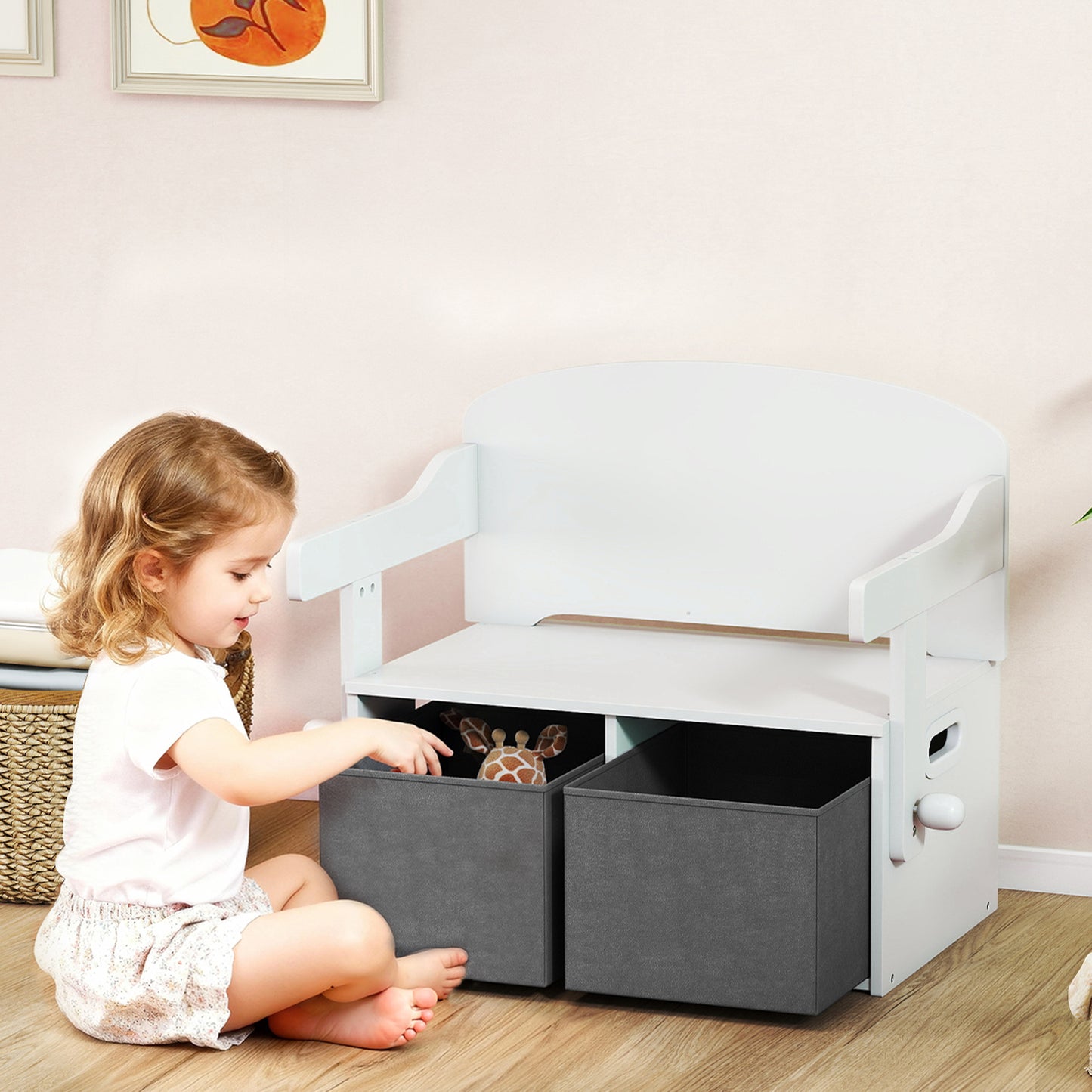 3 in 1 Kids Storage Bench, Convertible Children Table and Chair Set with 2 Fabric Bins, Toy Storage Box, White