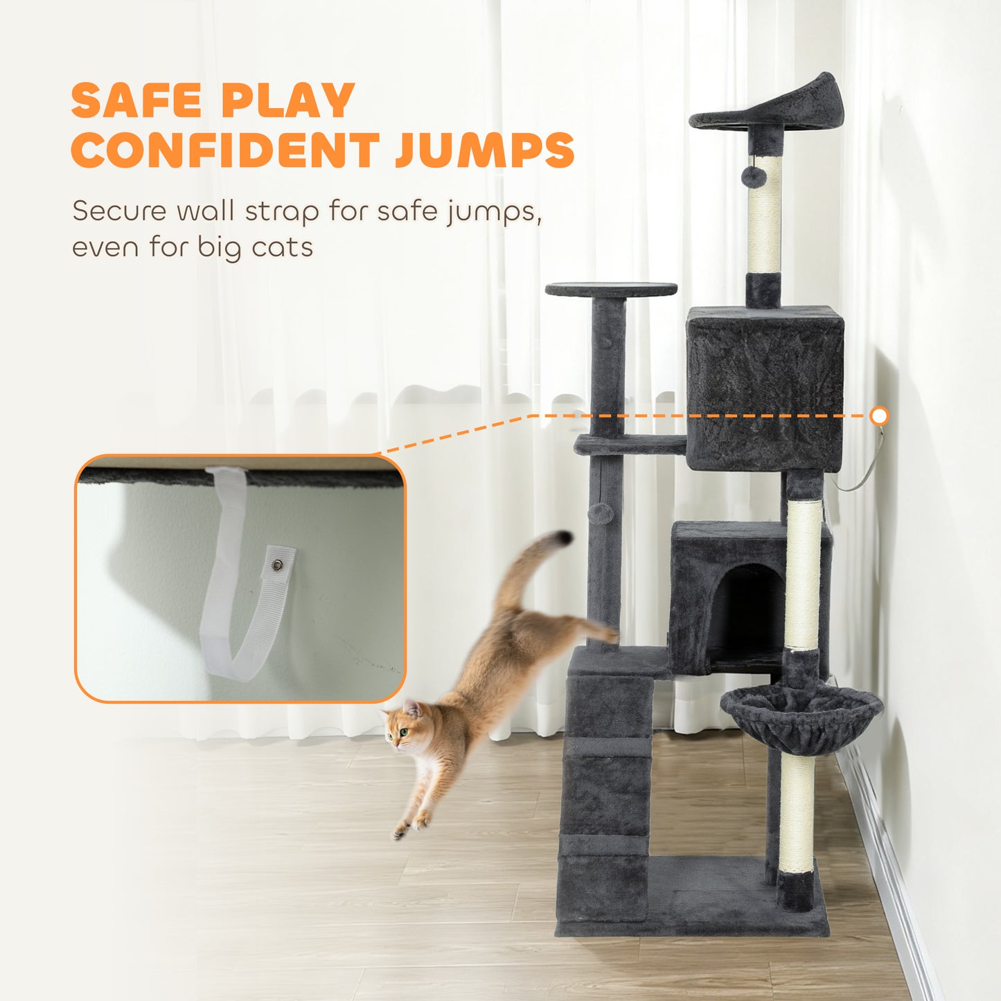 180cm Large Cat Tree Tower with Sisal Scratching Posts, Condos, Plush Perches, Hammock, Ladder, Dark Grey