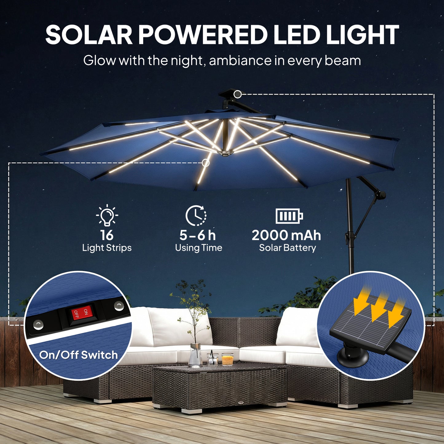 3 m Garden Cantilever Parasol with LED Solar Light, Round Overhanging Umbrella with 360° Rotation, Cover, Navy Blue