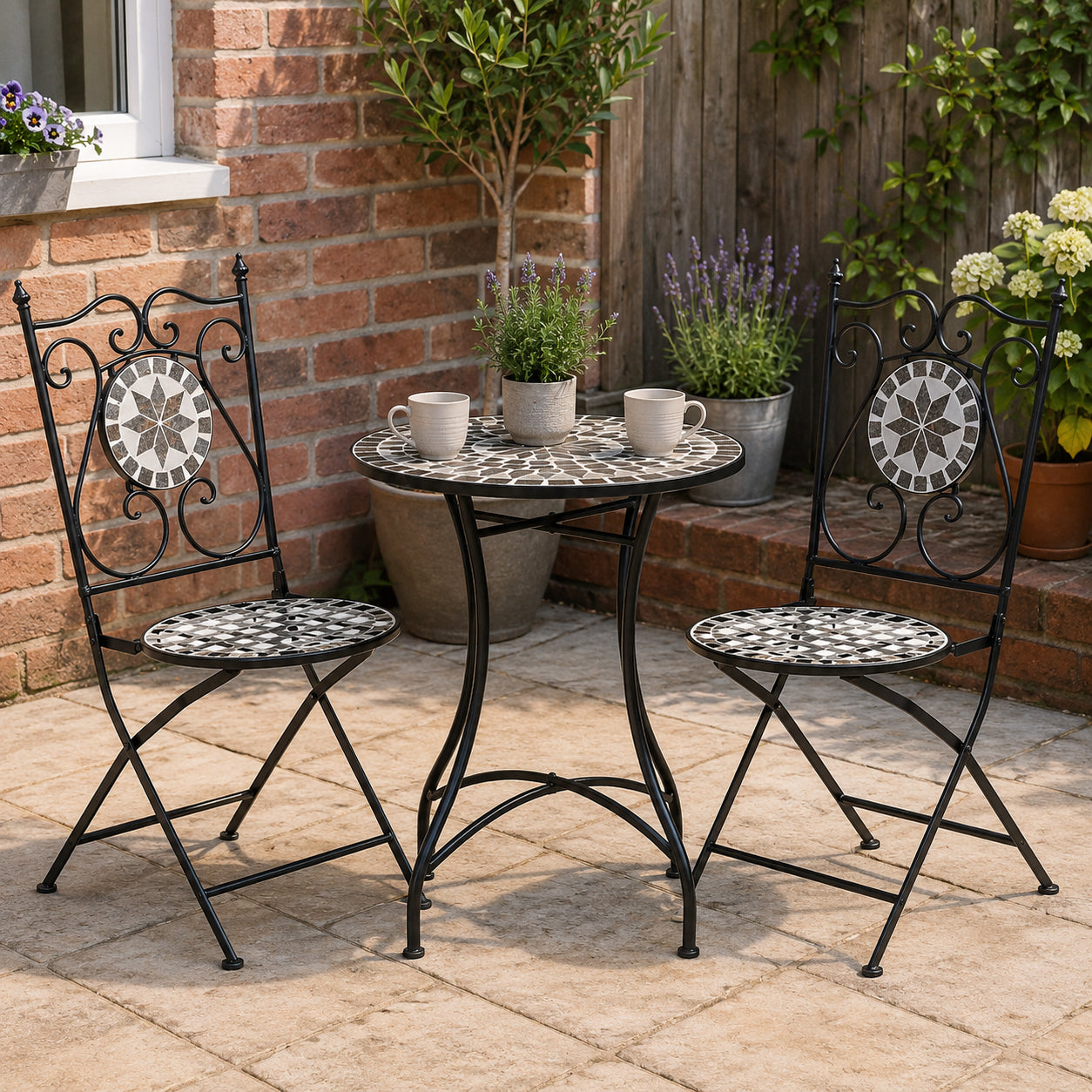 3 Pcs Mosaic Tile Garden Bistro Set Outdoor Seating w/ Table 2 Folding Chairs Set Metal Frame Elegant Scrolling Indoor Patio