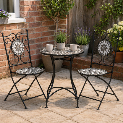 3 Pcs Mosaic Tile Garden Bistro Set Outdoor Seating w/ Table 2 Folding Chairs Set Metal Frame Elegant Scrolling Indoor Patio