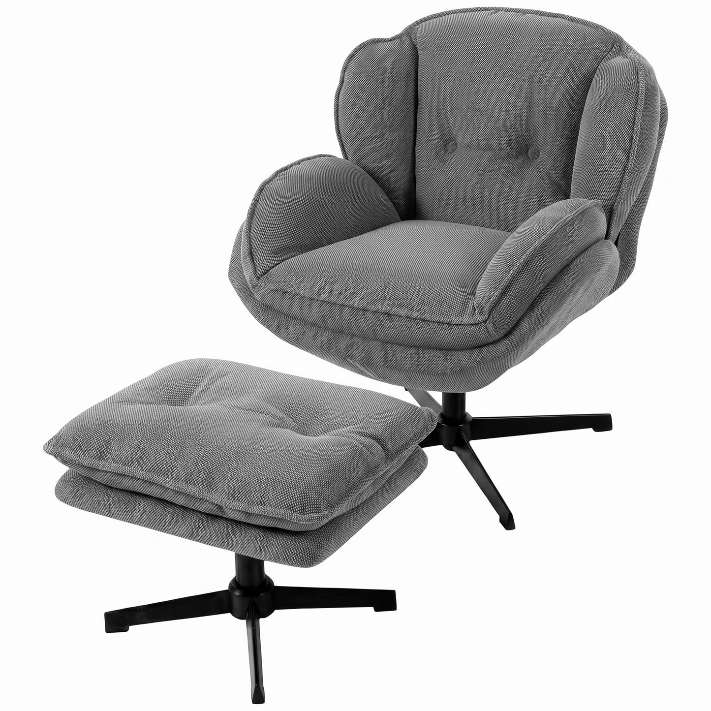 Armchair with Adjustable Footstool, 360° Swivel Chenille Cloud Accent Chair with Thick Cushion, Steel Base, Grey