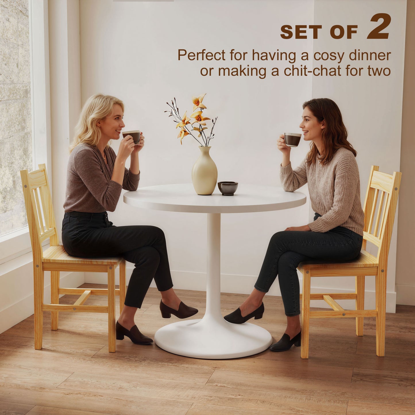 Dining Chairs Set of 2, Kitchen Chair with Slat Back, Pine Wood Structure for Living Room and Dining Room, Natural