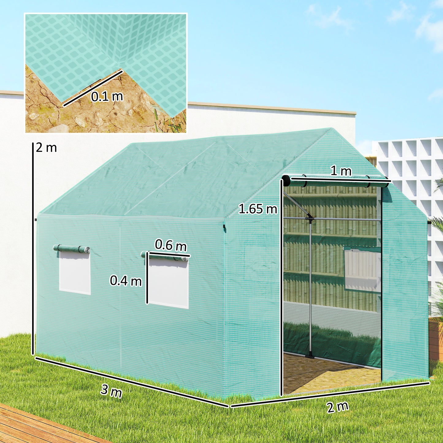Polyethylene Walk-in Polytunnel Greenhouse, 2 x 3(m), Green