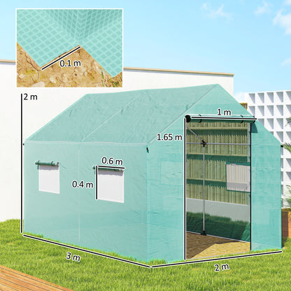 Polyethylene Walk-in Polytunnel Greenhouse, 2 x 3(m), Green