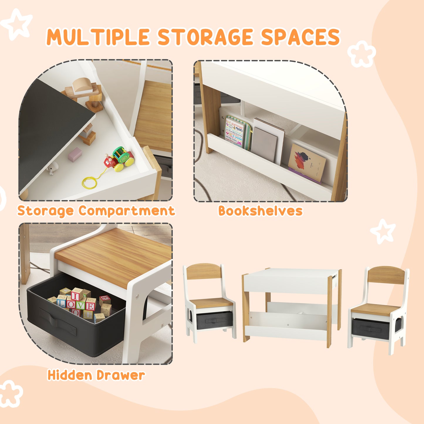 Three-Piece Kids Table and Chair Set with Blackboard, Storage, Bookshelves - Natural Wood