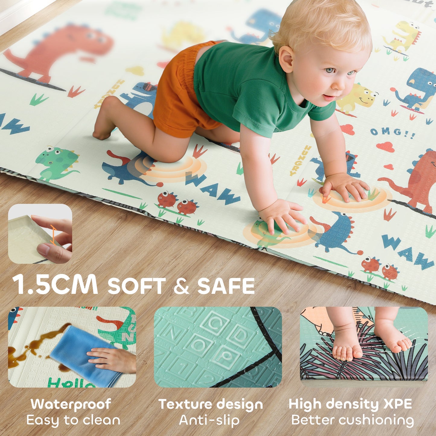 Dinosaur-Themed Baby Plat Mat Double Sided, Foldable, Water-Resistant for Outdoor/Indoor, 177 x 146 x 1.5cm
