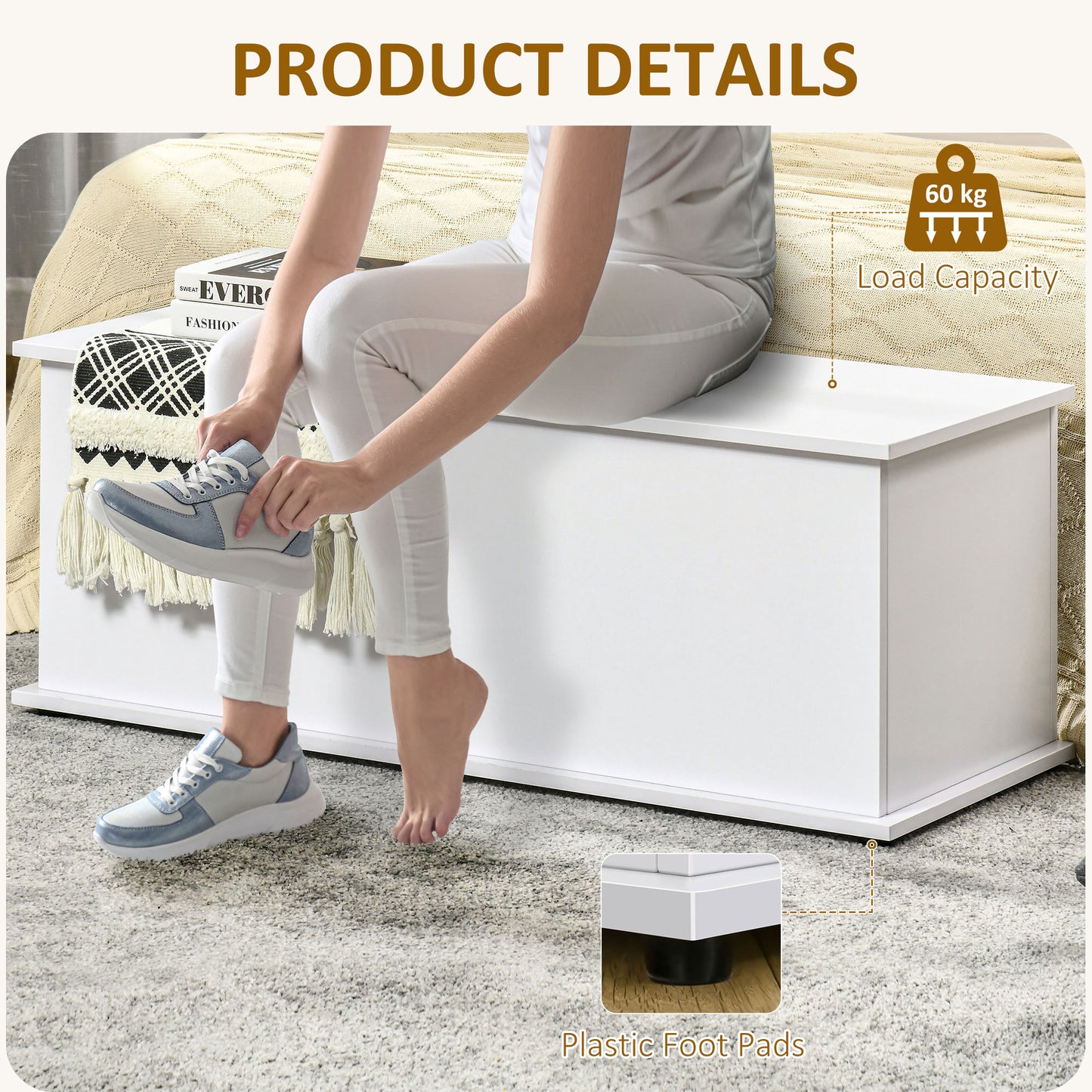 113L Storage Chest, Storage Box with Flip-Top Lid and 2 Safety Hinges, Storage Trunk for Living Room, Entryway