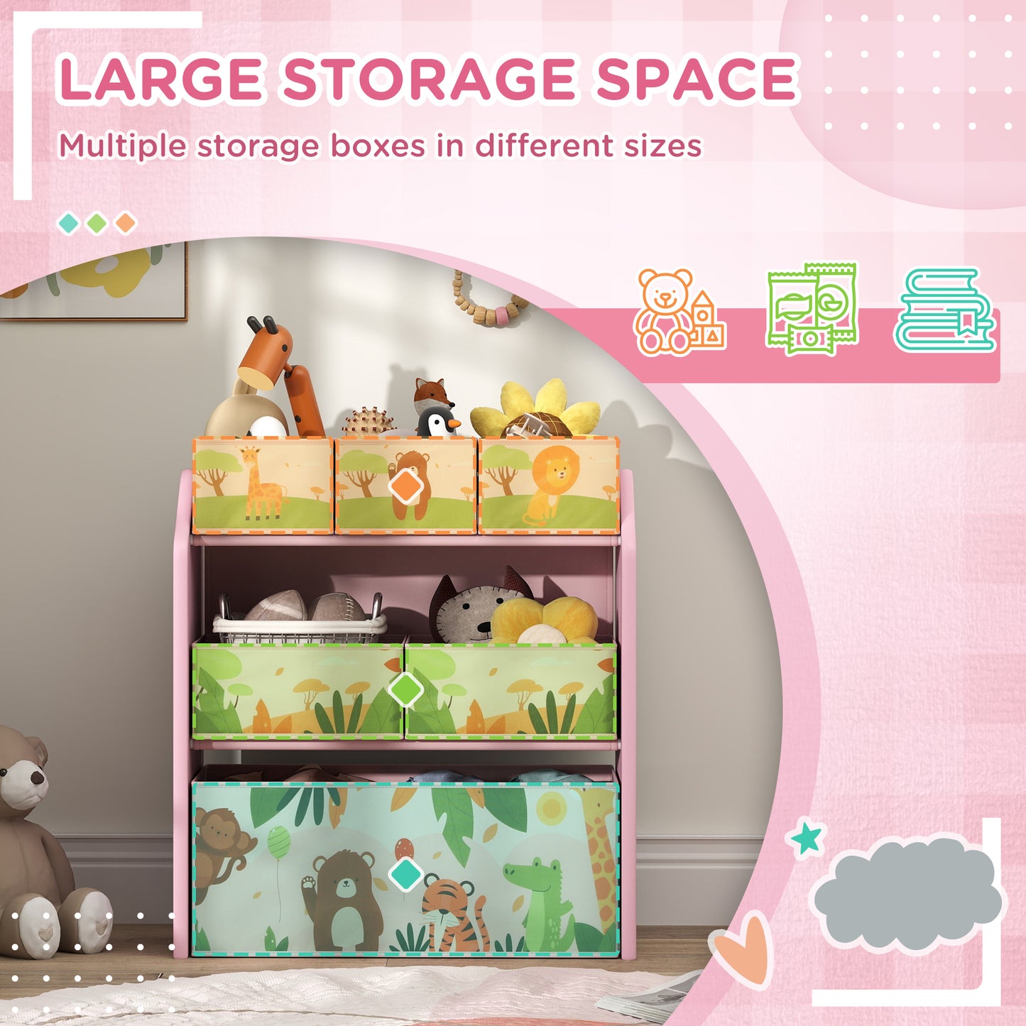 3-Tier Kids Toy Storage Unit with 6 Removable Storage Boxes, for Playroom, Bedroom, Children's Room, Nursery, Pink