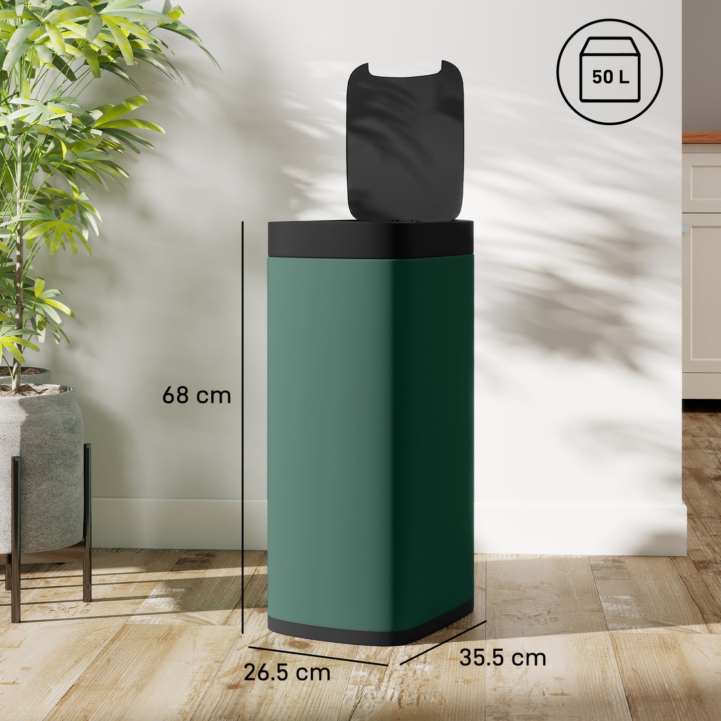 50L Sensor Bin, Automatic Kitchen Bin, Manual Override, Battery Operated, Inner-Bucket-Free, for Kitchen, Bedroom
