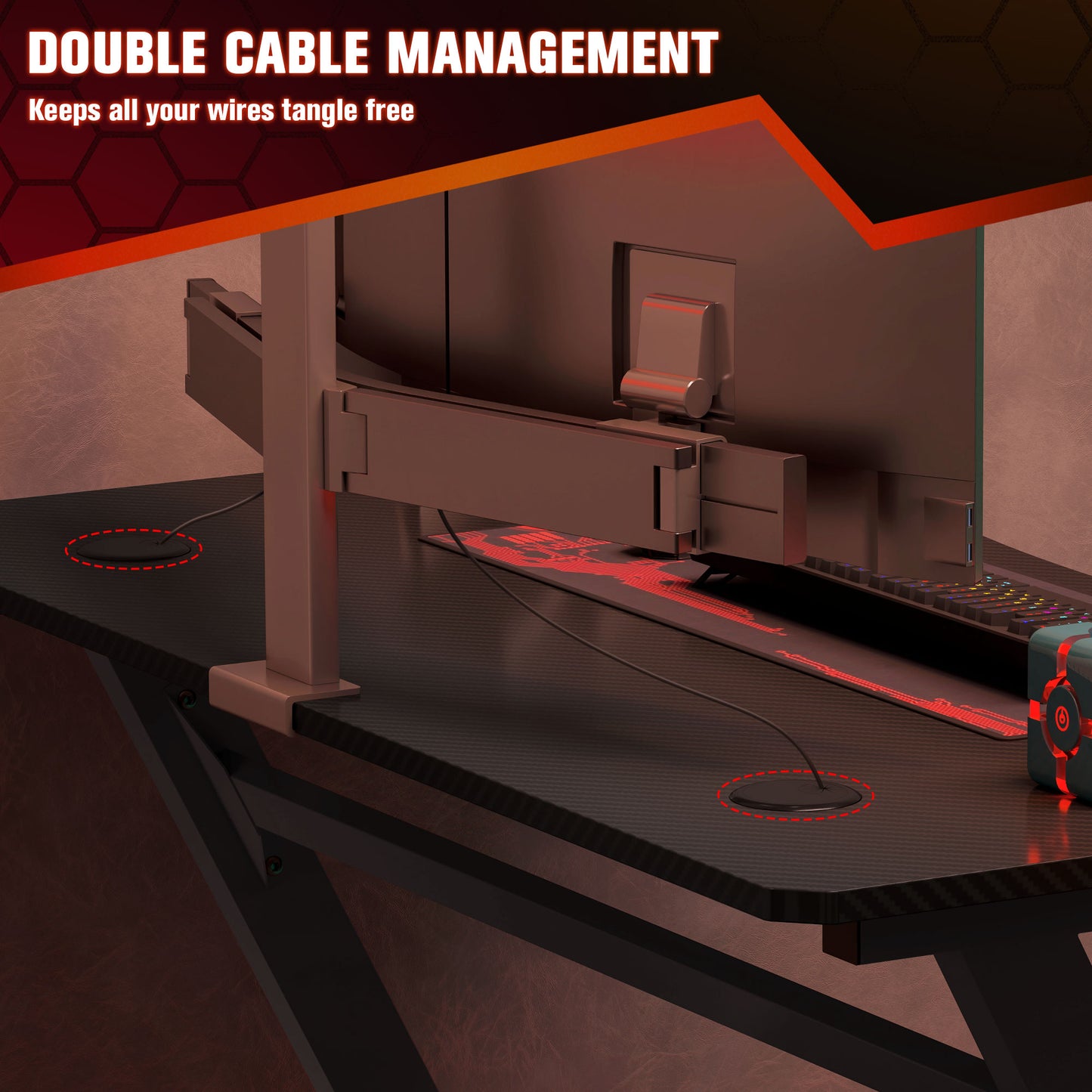 Gaming Desk 120 x 65 cm Steel Frame with Cup Holder, Headphone Hook, Adjustable Feet and Cable Organiser