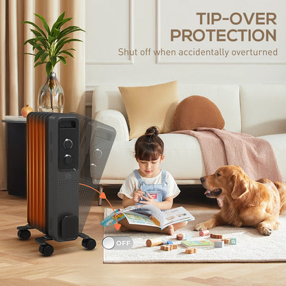 1500W Oil Filled Radiator, Portable Electric Heater with 3 Heat Settings, Safety Cut-Off and Wheels, Grey
