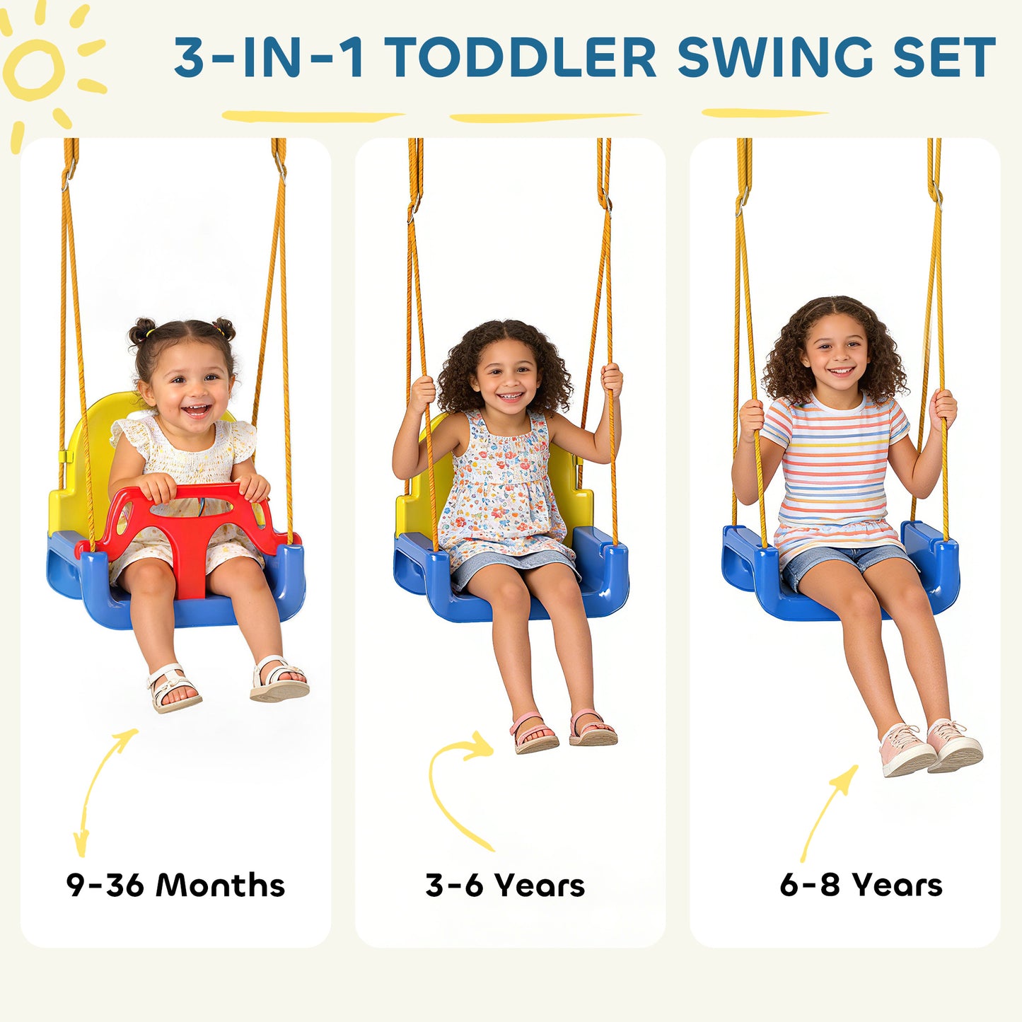 3 in 1 Toddler Swing Set, Folding Child Swing Set with Seat Belt, Adjustable Seat for Outdoor Indoor, Blue
