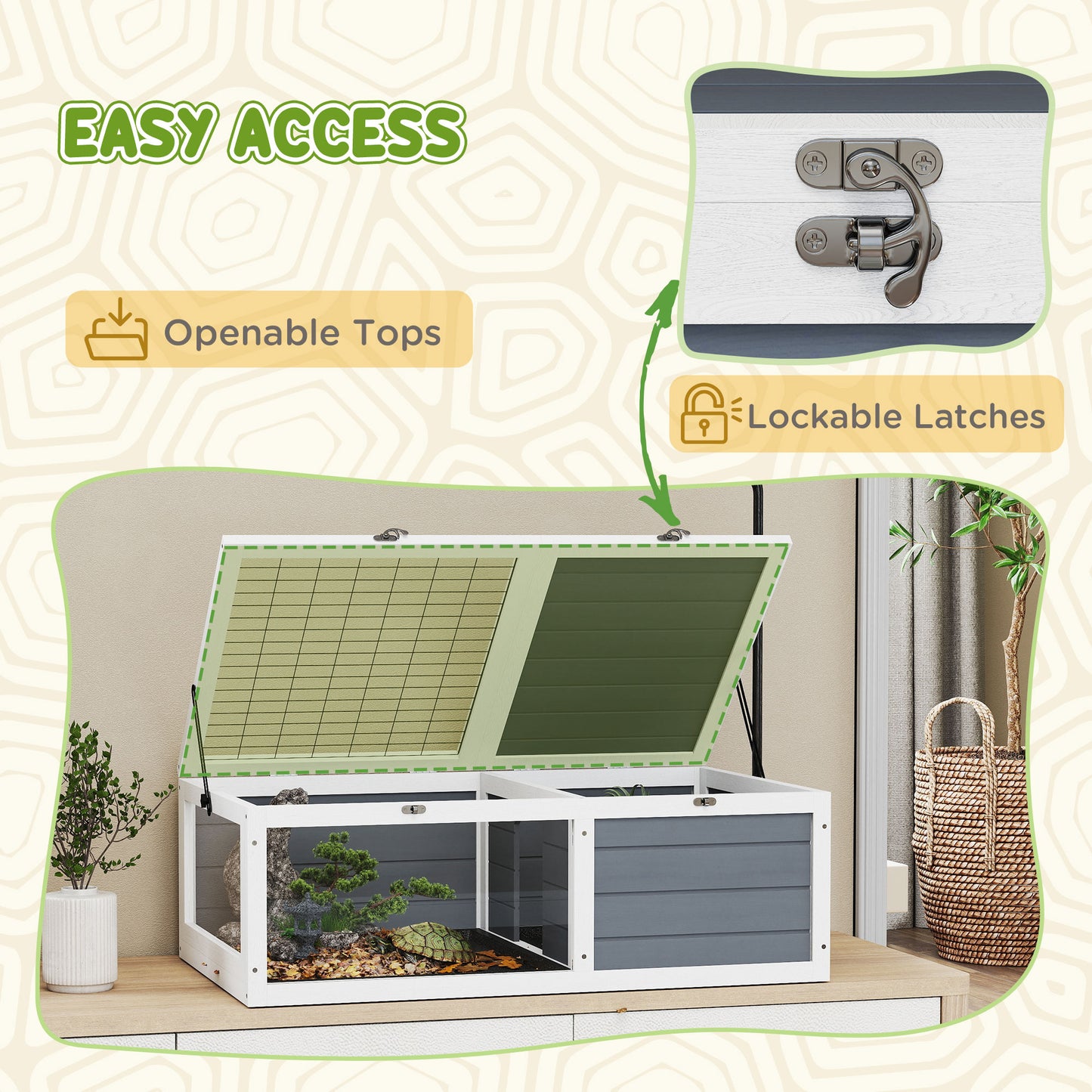 Tortoise Table with Adjustable Lamp Holder, Wooden Tortoise House w/ Openable Lids, Pull-Out Trays - Grey