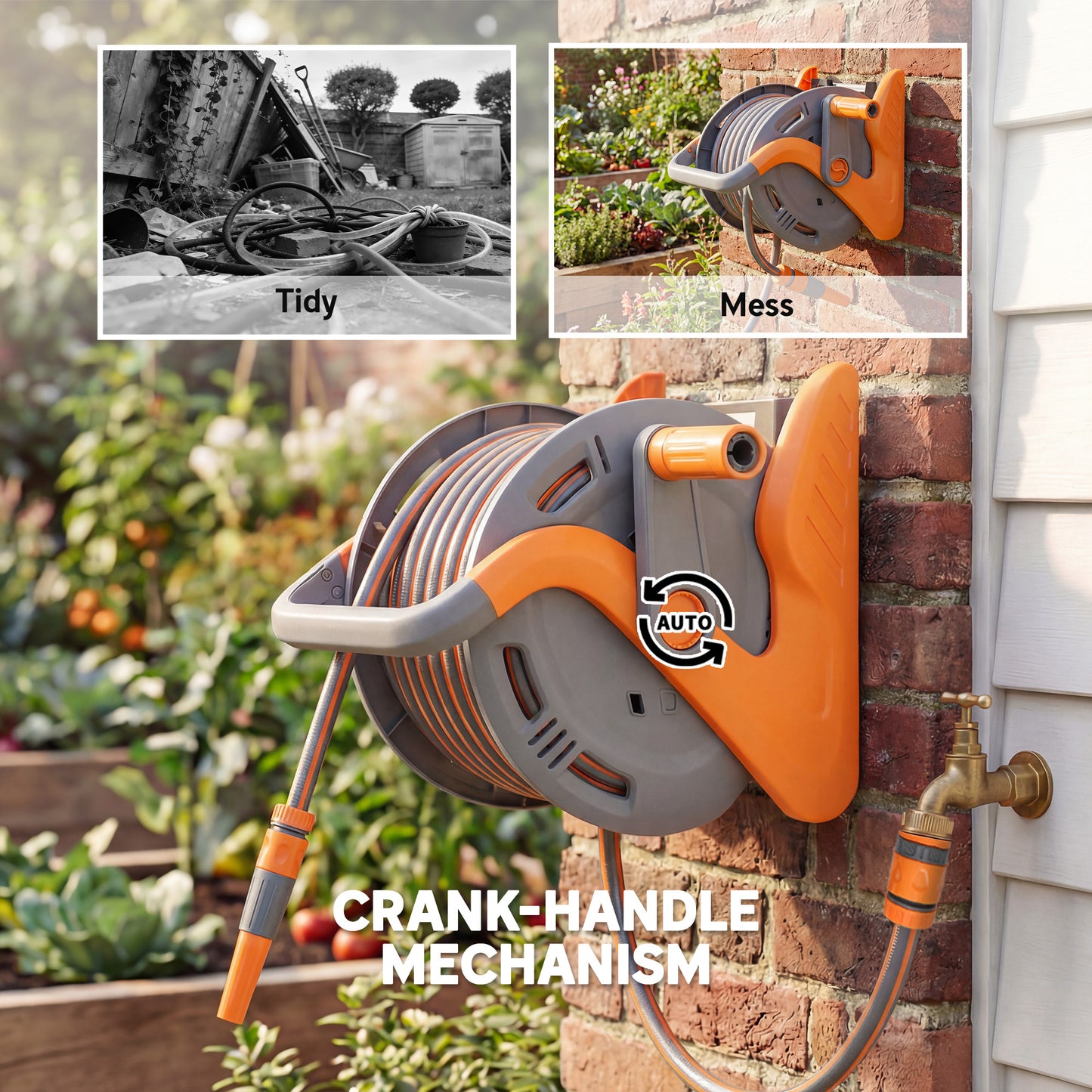 Portable Garden Hose Reel, 20+2 m Wall Mounted Hose Reel with 2 Patterns Spray Nozzle and Crank Handle, Orange