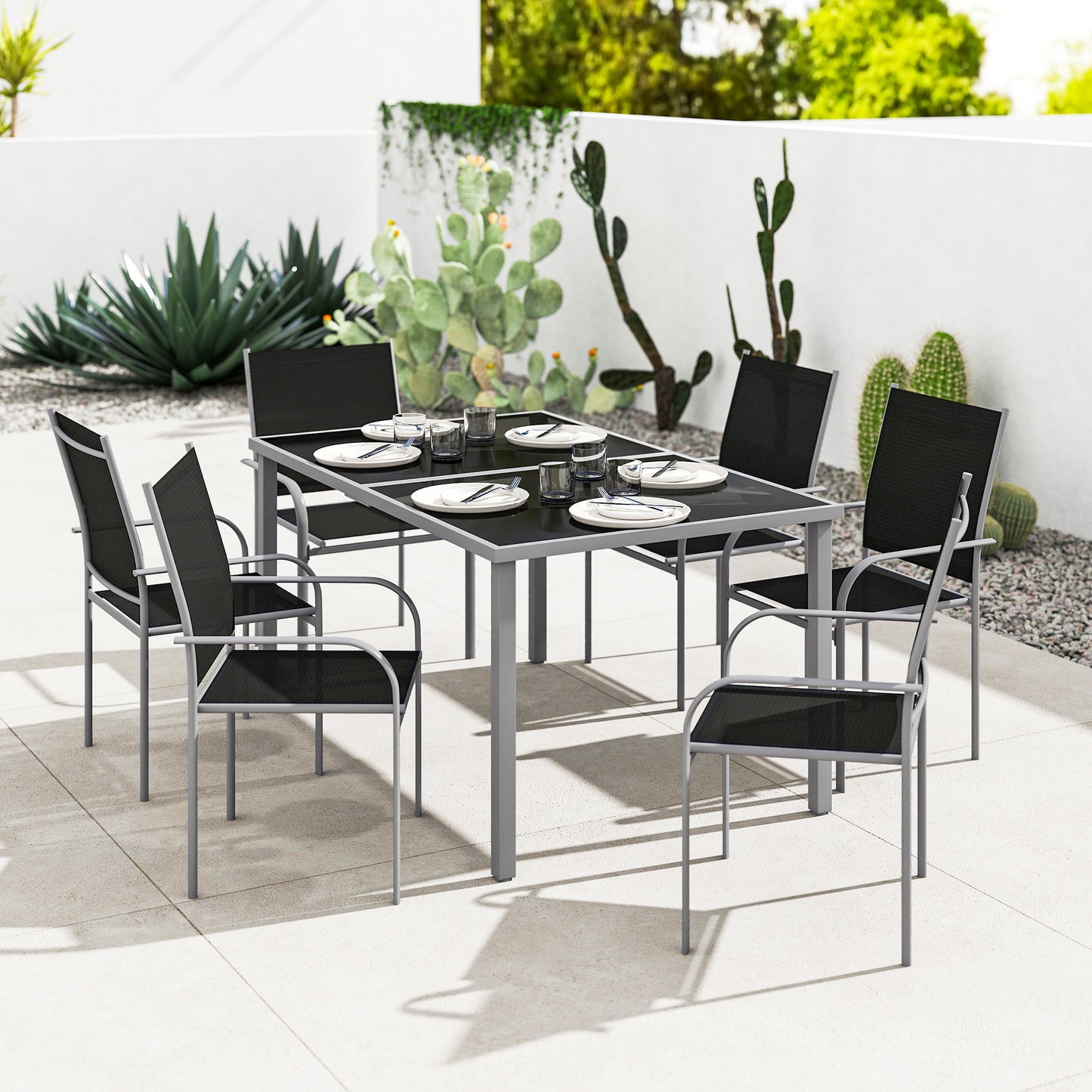 7 Piece Outdoor Garden Dining Set with Table and 6 Stackable Chairs, Steel Frame, Tempered Glass Top, Mesh Seats, Black