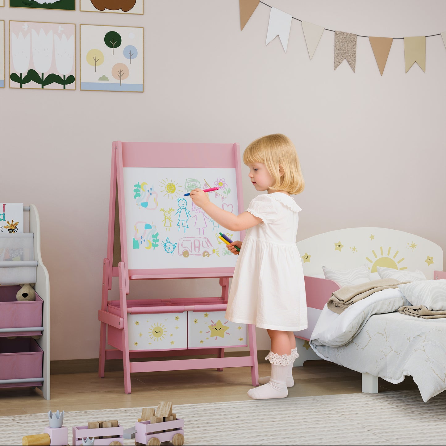 Art Easel for Kids, Double-Sided Whiteboard/Blackboard with Paper Roll, Two Storage Boxes, for Ages 3-8 Years, Pink