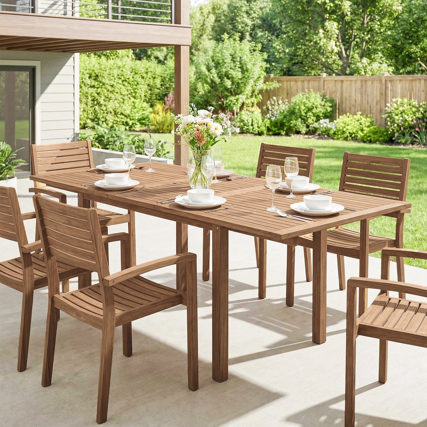 Extending Garden Table, Outdoor Dining Table for 6-8 with Acacia Wood Slatted Tabletop for Balcony Porch
